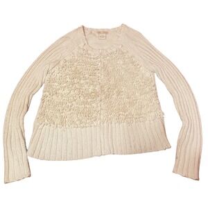 Les Tricots Cream Textured Fringe Knit Cardigan Women's Size L Cozy Layer
